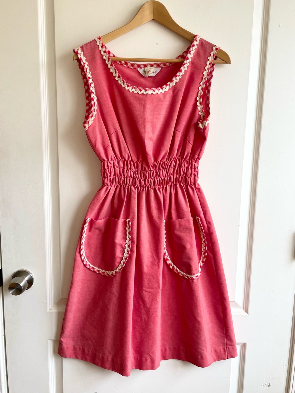 Vintage 50s 60s Komar Red Gingham Dress M Smocked Waist Pockets Retro Housewife